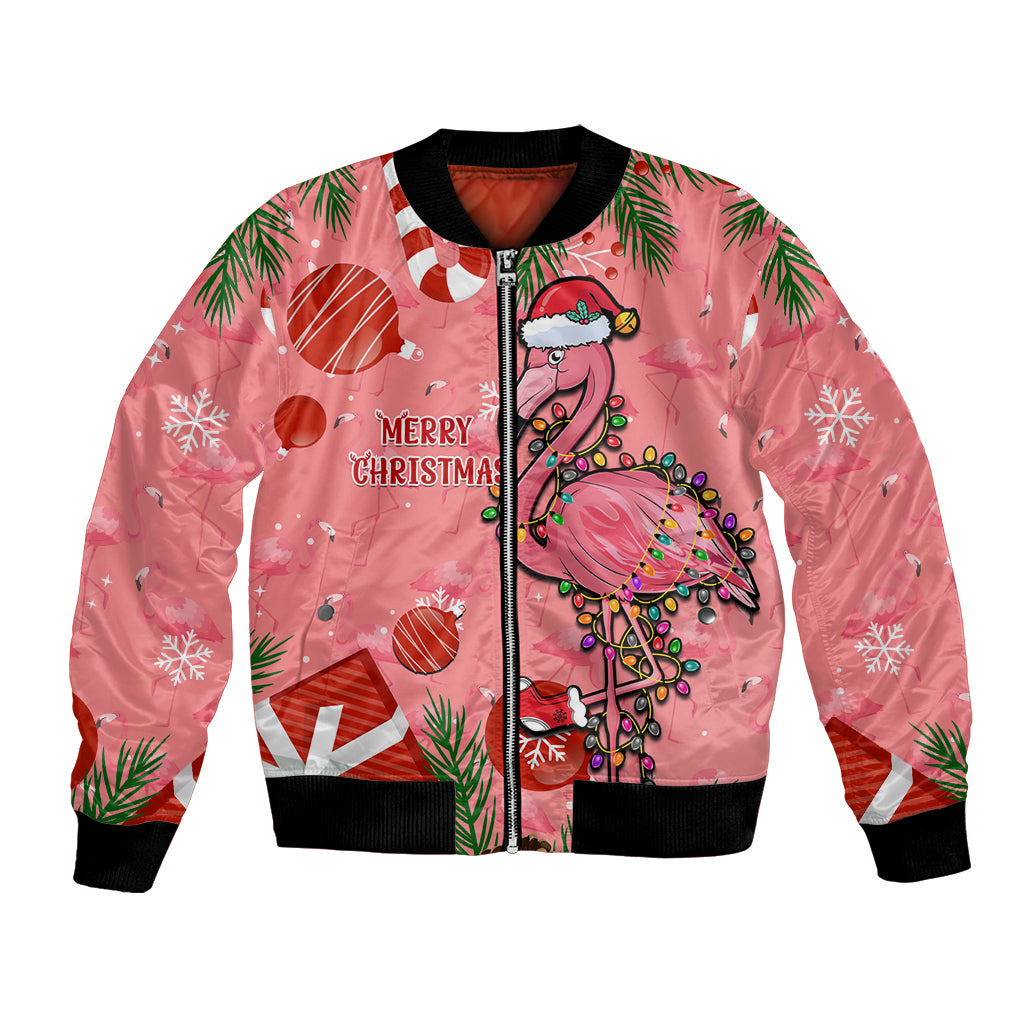 Pink unisex zip-up bomber jacket with flamingo Christmas graphic and ribbed cuffs