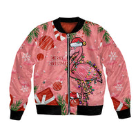 Pink unisex zip-up bomber jacket with flamingo Christmas graphic and ribbed cuffs