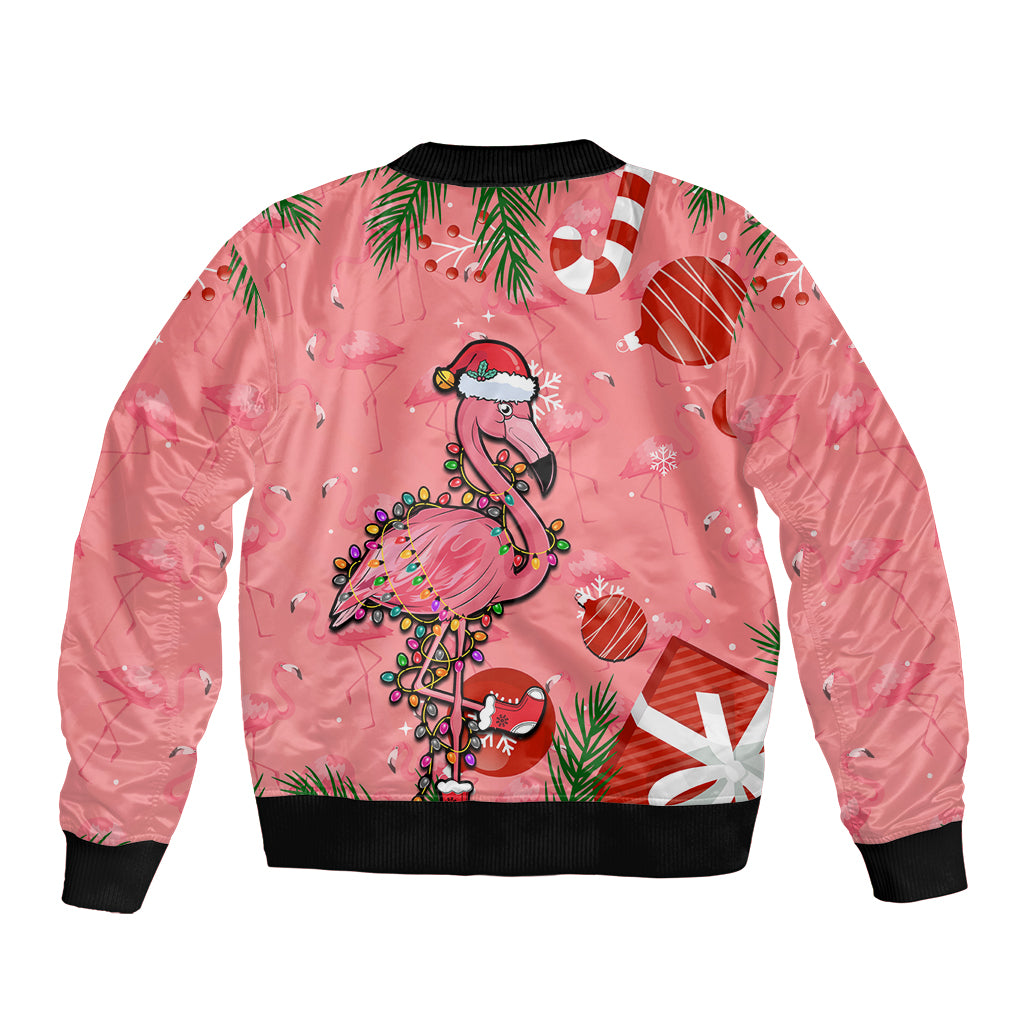Pink unisex zip-up bomber jacket with flamingo holiday graphic, ribbed hem and cuffs