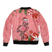 Pink unisex zip-up bomber jacket with flamingo holiday graphic, ribbed hem and cuffs