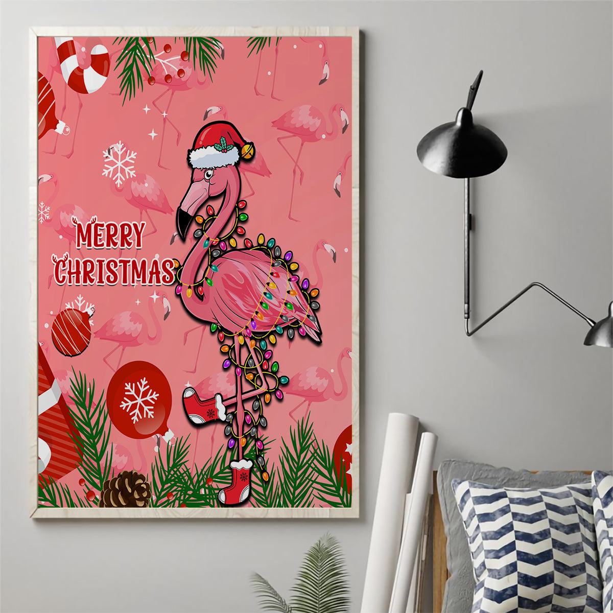 Pink flamingo Christmas canvas wall art with 'Merry Christmas' text, unframed.