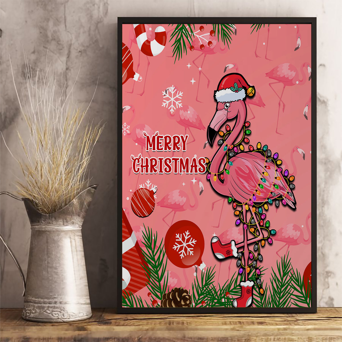 Pink flamingo Christmas canvas wall art with 'Merry Christmas' text in a black frame.