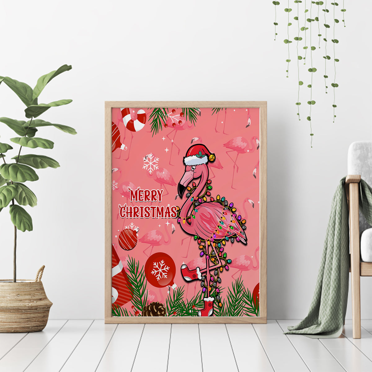 Framed pink flamingo Christmas canvas wall art with 'Merry Christmas' greeting.