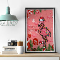 Framed pink flamingo Christmas canvas wall art featuring 'Merry Christmas' message.