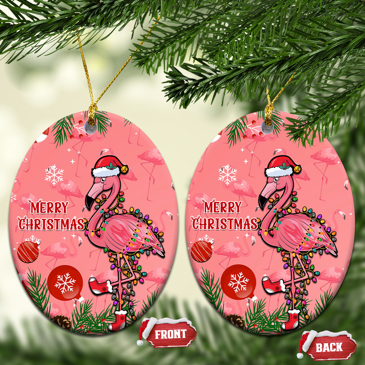 Two pink round ceramic ornaments with flamingo and “Merry Christmas” text, gold string loop