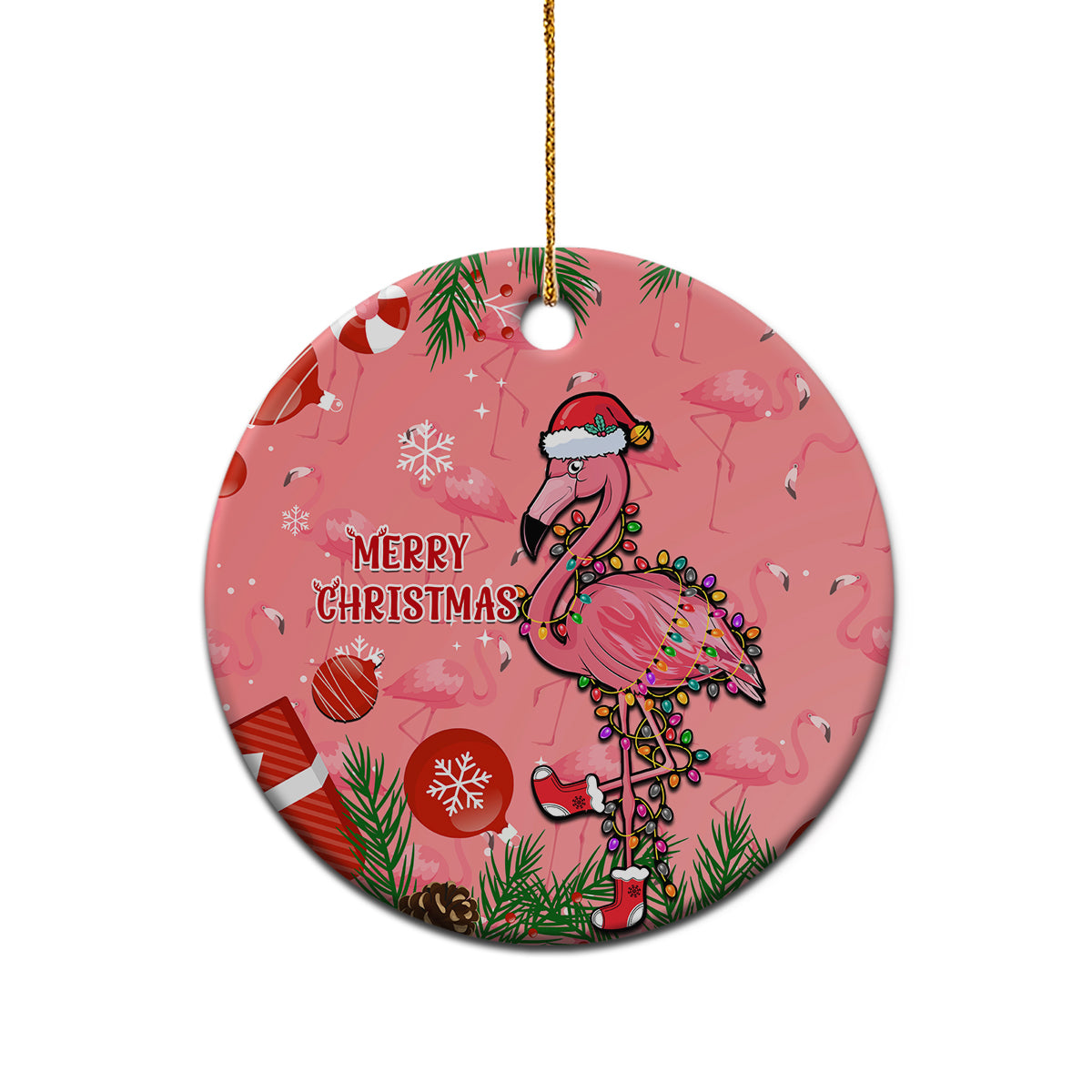 Pink round ceramic ornament with flamingo in a Santa hat and “Merry Christmas”