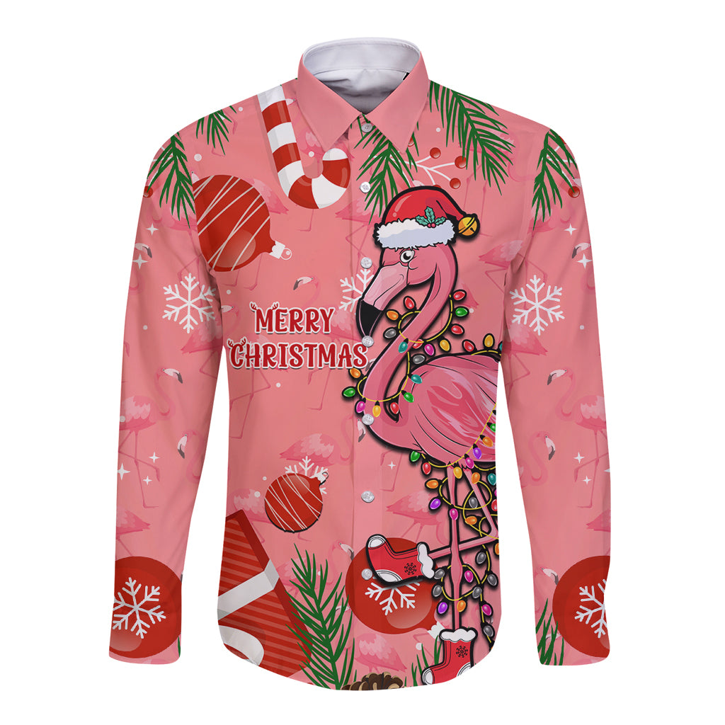 Pink long-sleeve button shirt with flamingo Christmas graphic, Santa hat and ornaments