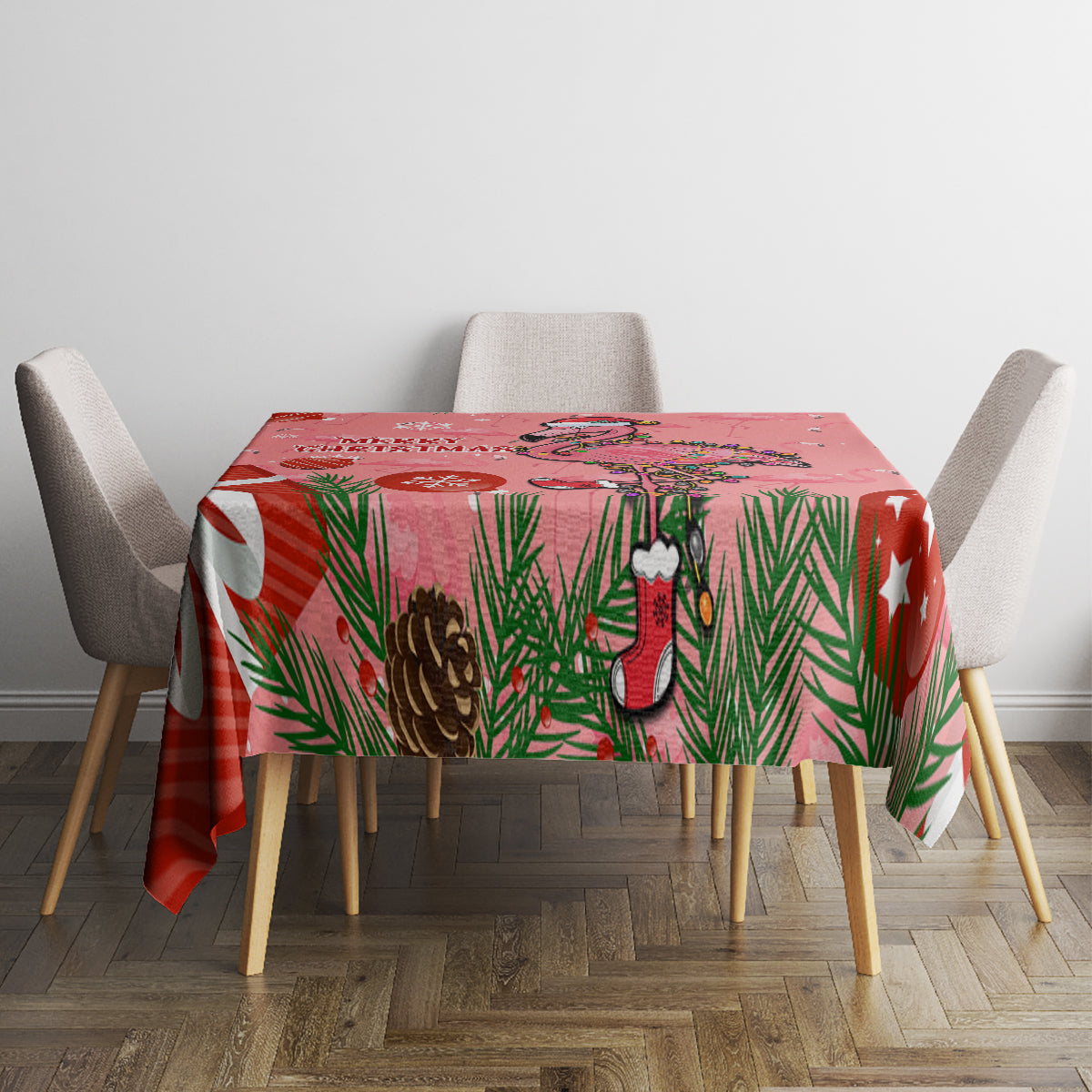 Pink flamingo Christmas tablecloth with pine leaves, a flamingo, and hanging sock
