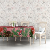 Pink flamingo Christmas tablecloth laid flat with pine pattern and holiday icons