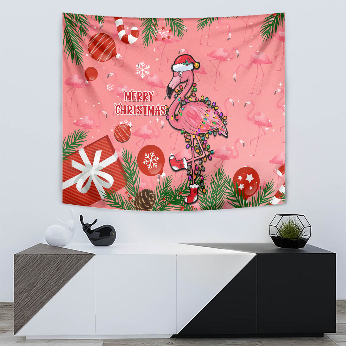 Pink flamingo Christmas tapestry with 'Merry Christmas' text, baubles, and snowflake