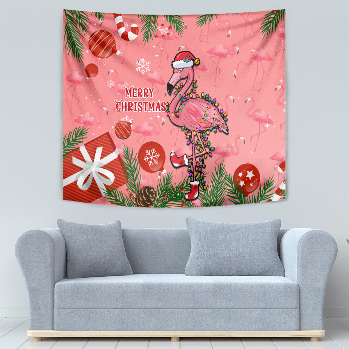 Pink flamingo Christmas tapestry with 'Merry Christmas' text and ornaments