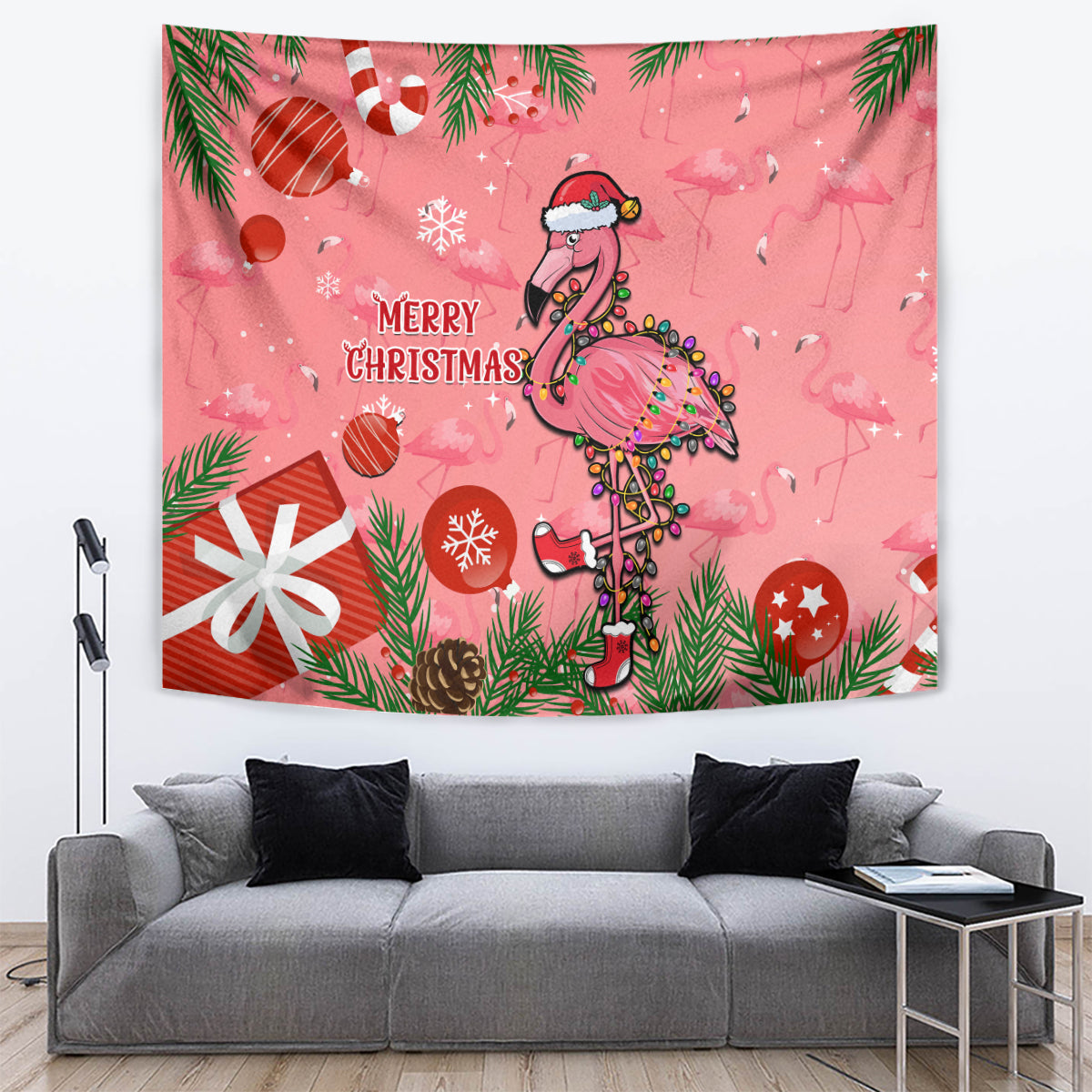 Pink flamingo Christmas wall tapestry with 'Merry Christmas' and ribbon-like lights