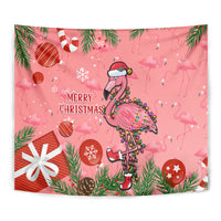 Pink flamingo Christmas tapestry close-up with 'Merry Christmas' and festive decorations