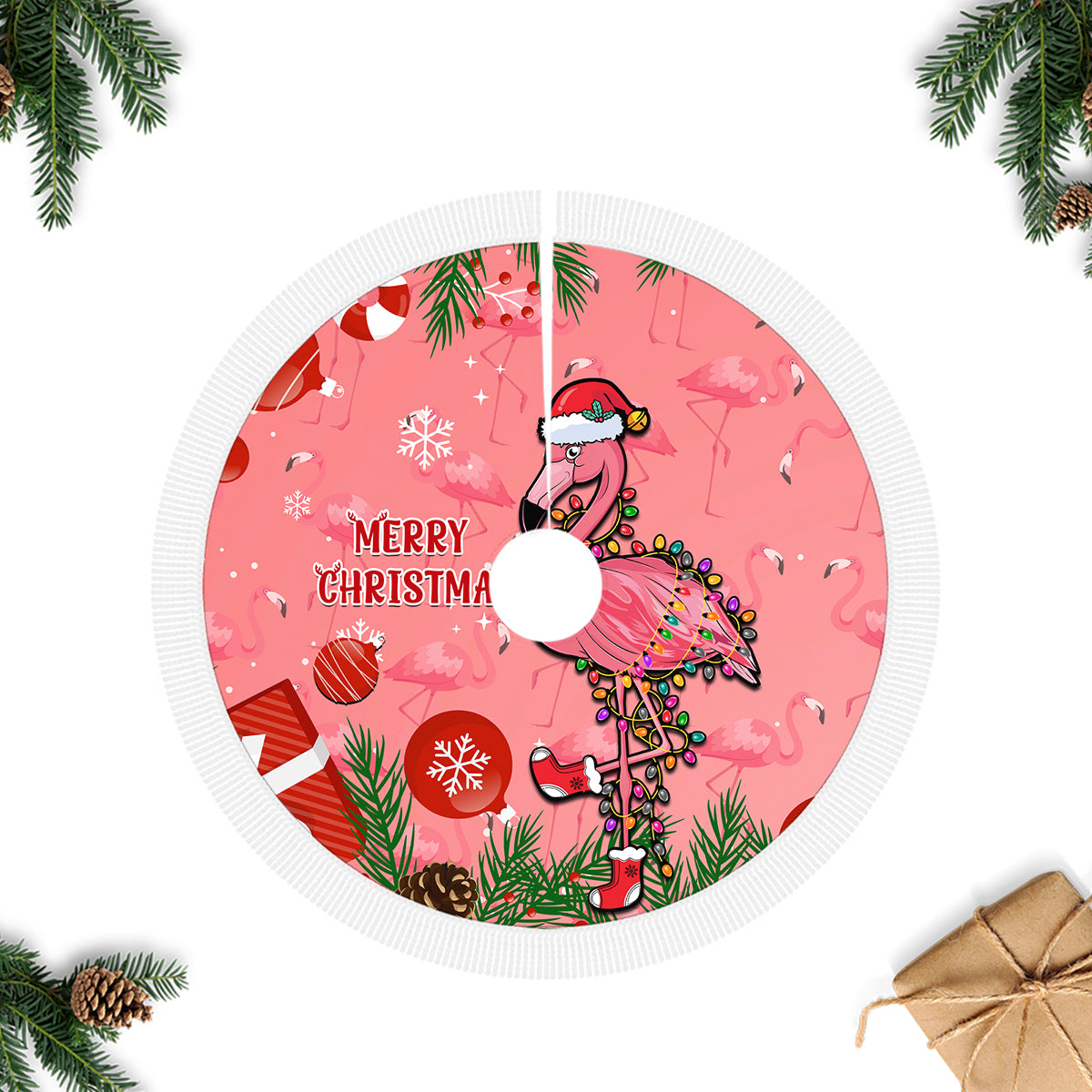Pink flamingo Christmas tree skirt, round with white edge trim and festive pattern