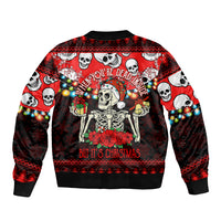 Red bomber jacket back view with skull Christmas illustration and ribbed cuffs, knit hem