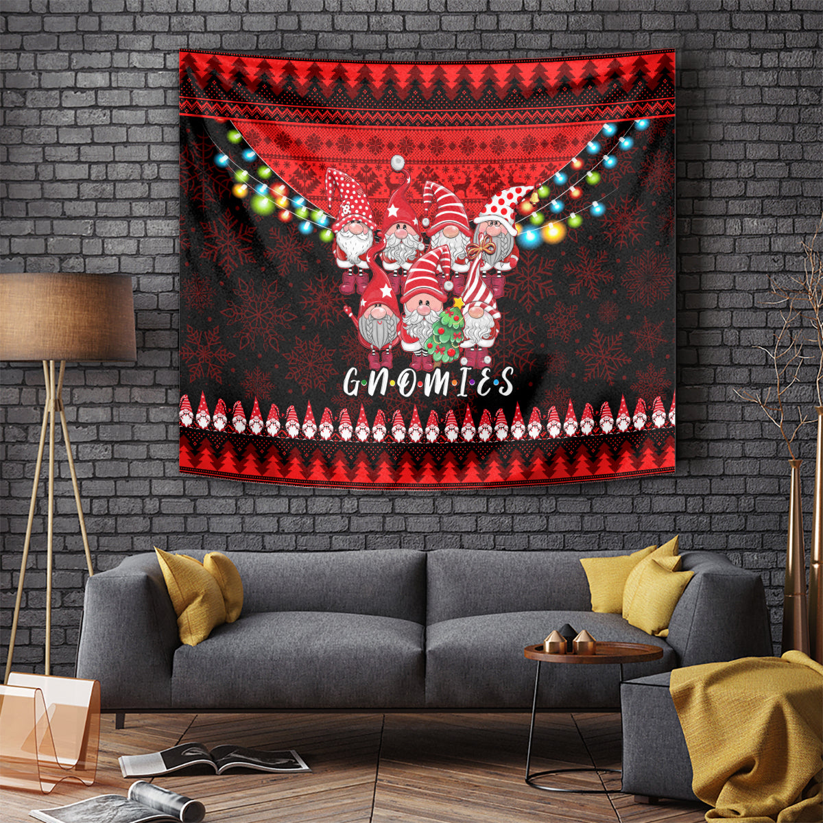 Red Christmas tapestry with gnome characters, garland lights, and zigzag border