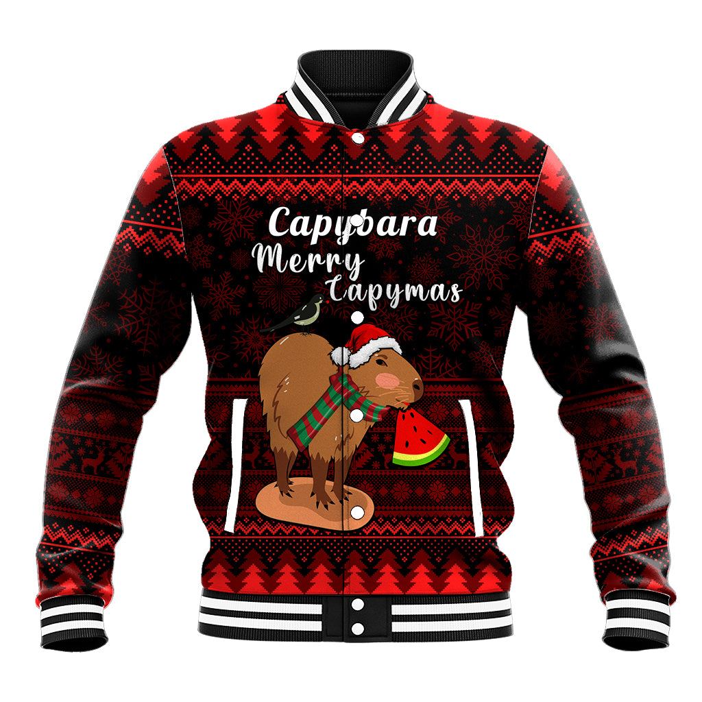 Red and black baseball jacket with striped collar and capybara Christmas front graphic