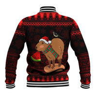 Red and black baseball jacket with striped cuffs and capybara Christmas back graphic