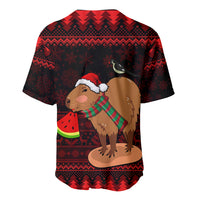Dark baseball-style capybara Christmas jersey with Santa hat, scarf, watermelon graphic