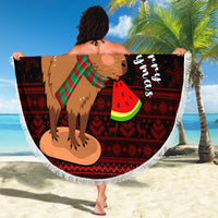Round beach blanket with capybara in Santa hat, striped scarf and watermelon, fringed edge