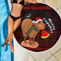 Round Christmas beach blanket with capybara and watermelon, Santa hat, fringed white border