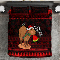 Red Christmas bedding set: capybara in Santa hat by watermelon on duvet with matching pillowcases