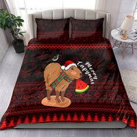Red Christmas bedding set with capybara Santa hat and watermelon on duvet, two matching pillowcases