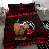 Red Christmas bedding set featuring capybara Santa hat holding watermelon on duvet and pillows
