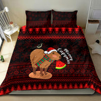 Red Christmas bedding set with capybara in Santa hat holding watermelon, bordered by festive pattern