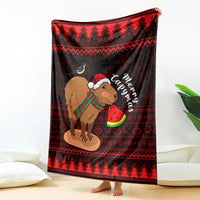 Red and black Christmas capybara blanket with Santa hat capybara holding watermelon