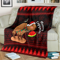 Red and black Christmas capybara throw blanket with Santa hat and watermelon graphic