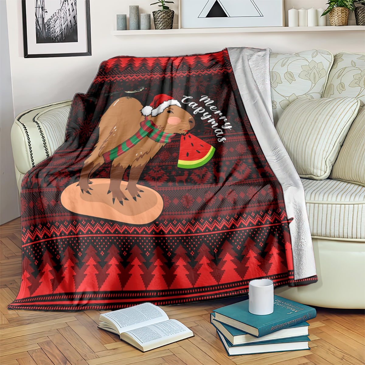 Christmas capybara throw blanket, red geometric border and capybara with Santa hat
