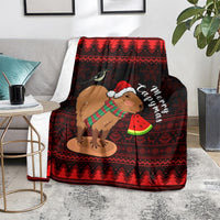 Christmas capybara throw blanket with red chevron pattern, Santa hat and watermelon