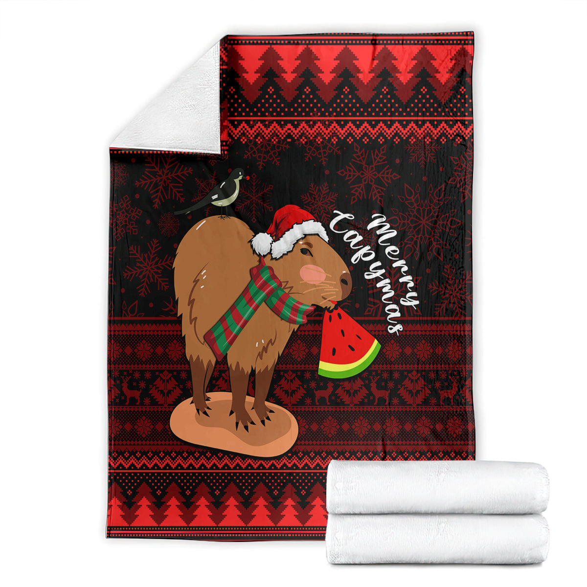 Christmas capybara blanket shown folded, red/black design with Santa hat capybara