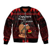 Red bomber jacket with front zipper and capybara Christmas graphic