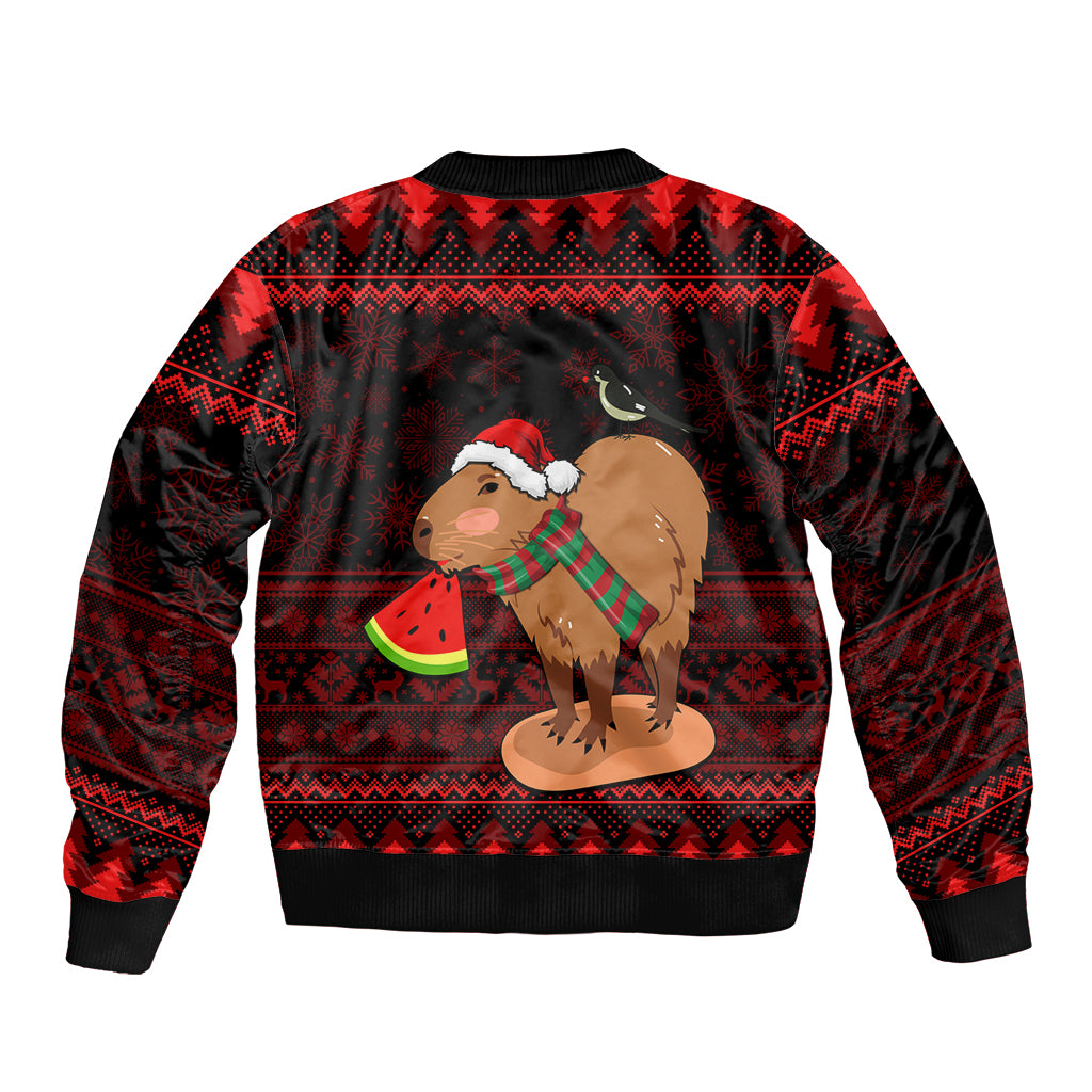 Red bomber jacket with capybara in Santa hat holding watermelon