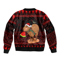 Red bomber jacket with capybara in Santa hat holding watermelon