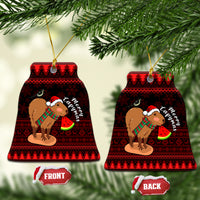 Bell-shaped ceramic Christmas ornament with capybara Santa holding watermelon, red holiday print
