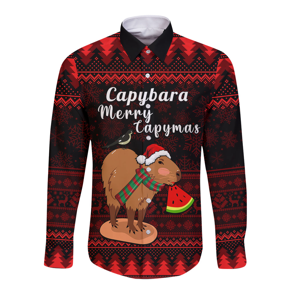 Unisex red long-sleeve button shirt, front view, festive capybara holiday graphic