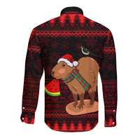 Unisex red long-sleeve button shirt, back view, capybara wearing hat and scarf