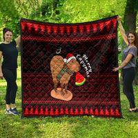 Red and black Christmas capybara quilt with geometric pattern and Santa-hat capybara