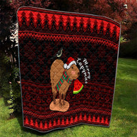 Red and black Christmas capybara quilt outdoors, showing a Santa-hat capybara with watermelon