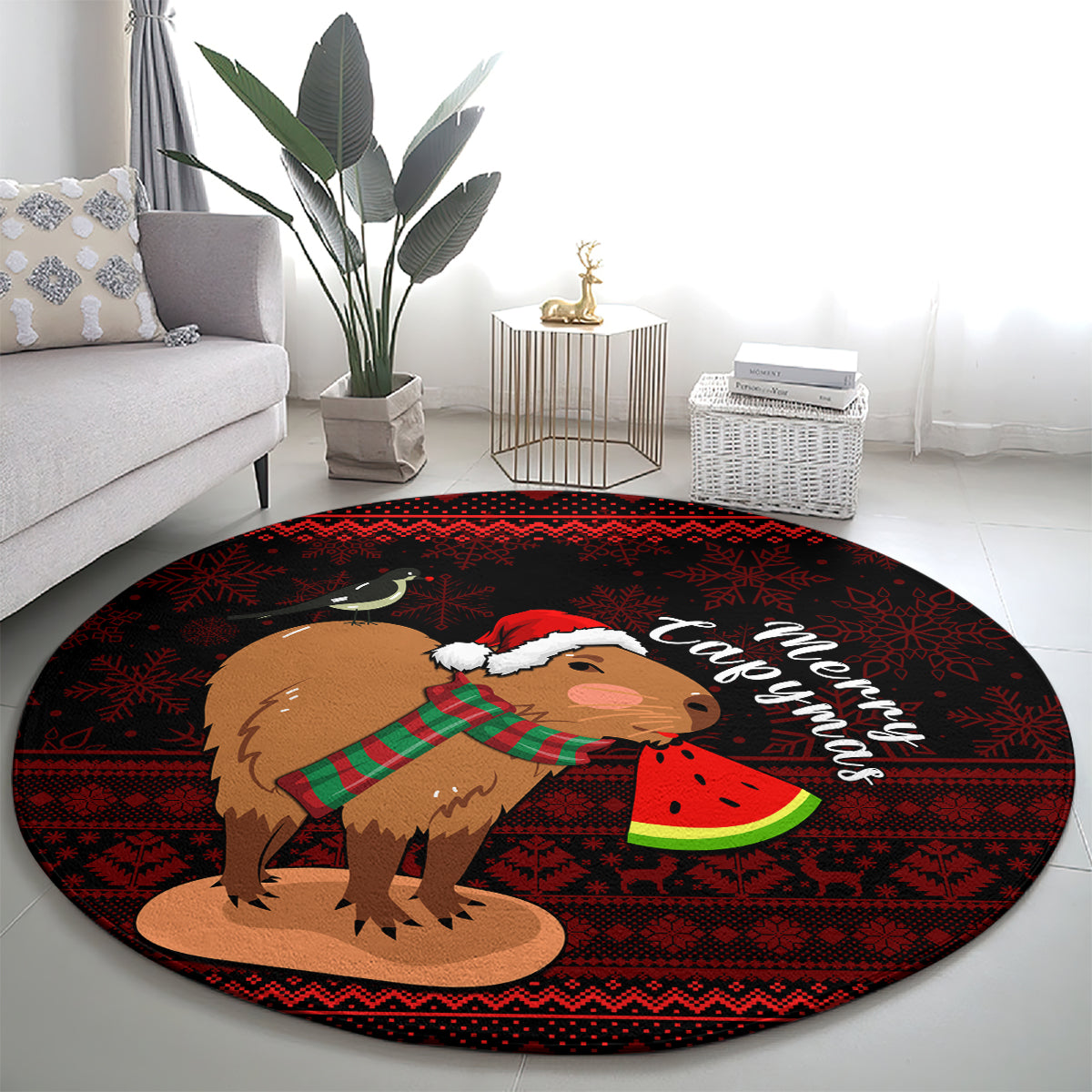 Red round Christmas rug with capybara wearing Santa hat holding a watermelon slice
