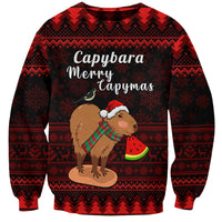 Unisex red Christmas sweatshirt with capybara, watermelon, and 'Merry Capymas' text