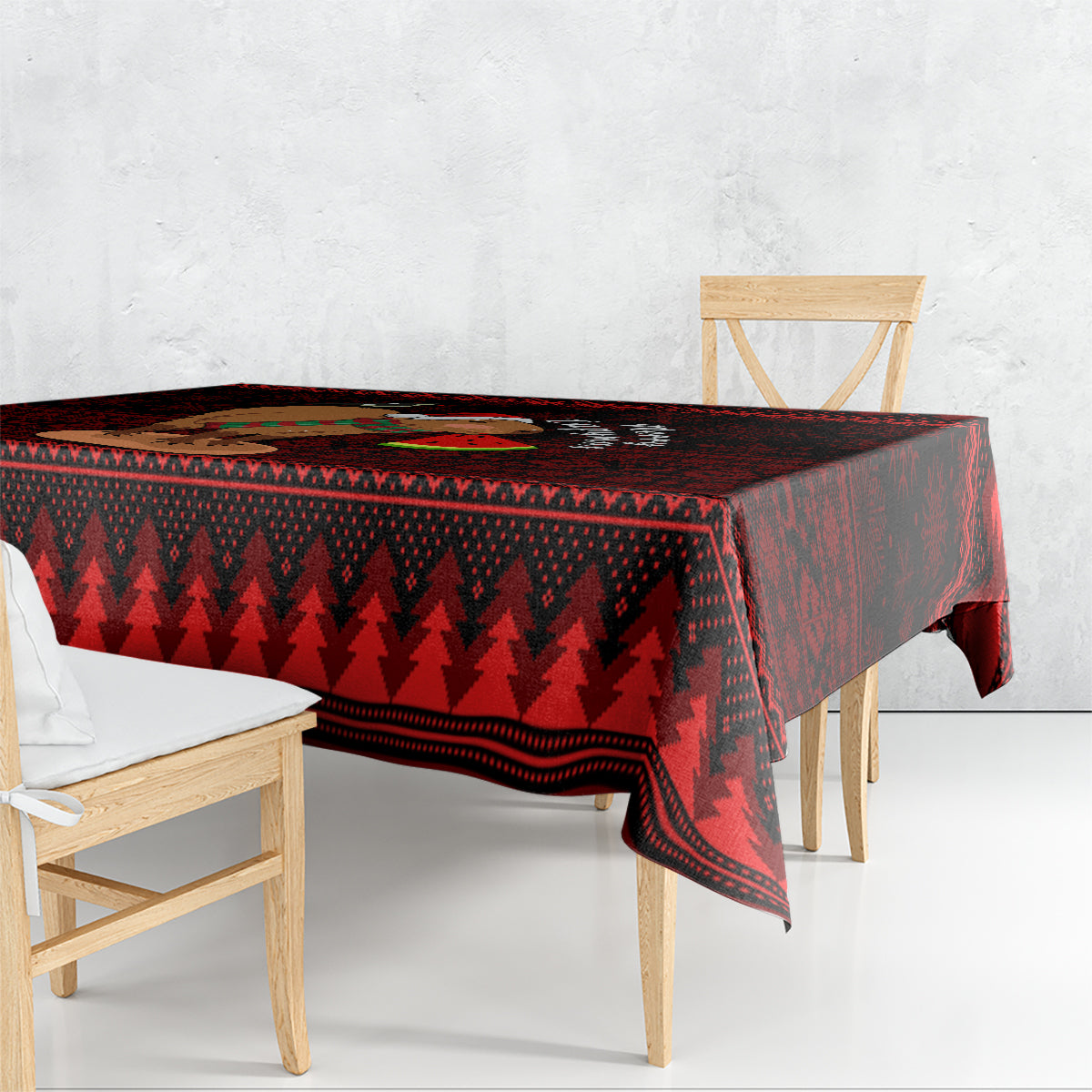Red Christmas tablecloth with dark pine-tree pattern and striped border, corner hanging