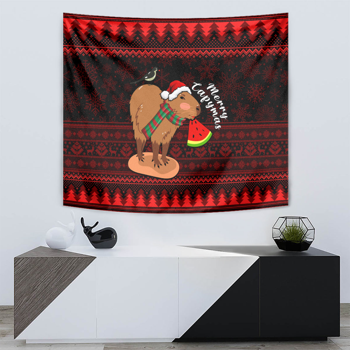 Red and black Christmas tapestry with capybara wearing Santa hat, striped scarf, watermelon