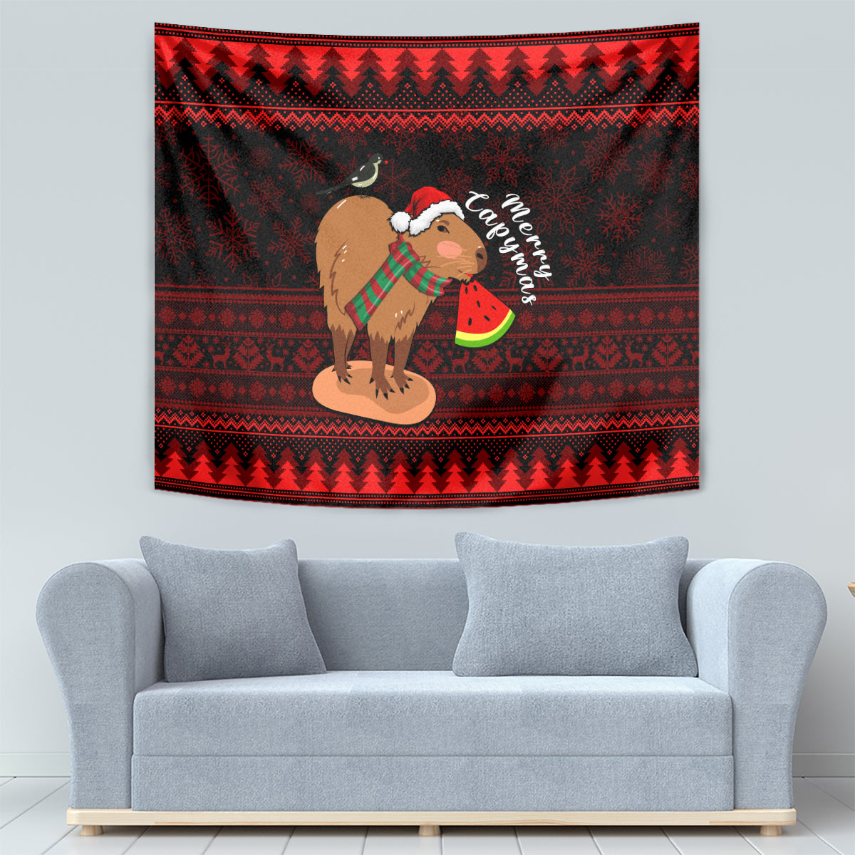 Red and black wall tapestry with capybara in Santa hat holding a watermelon slice