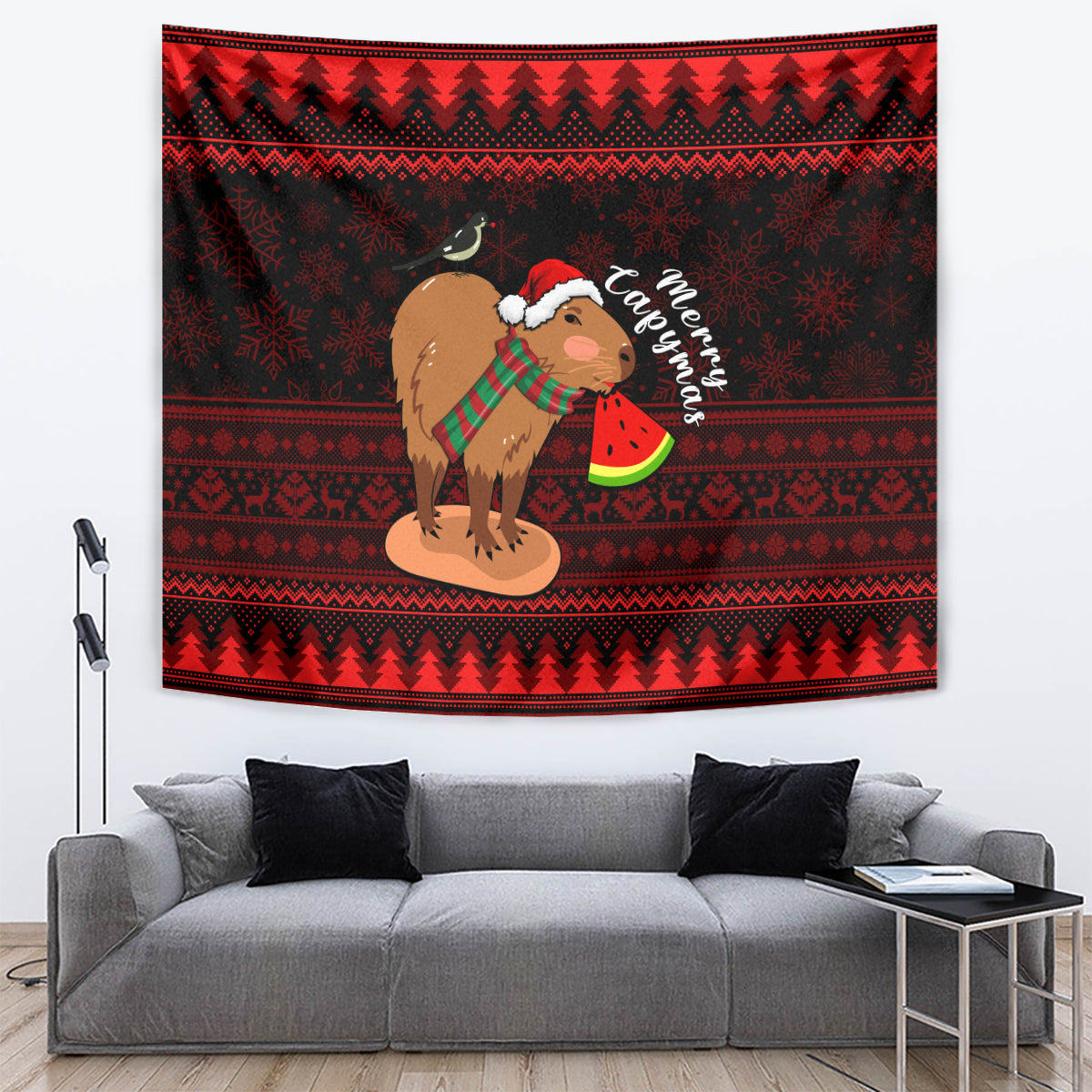Red and black Christmas tapestry with capybara in Santa hat holding a watermelon