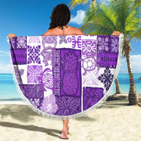 Purple and white round beach blanket with tiki tropical pattern and white fringe edge