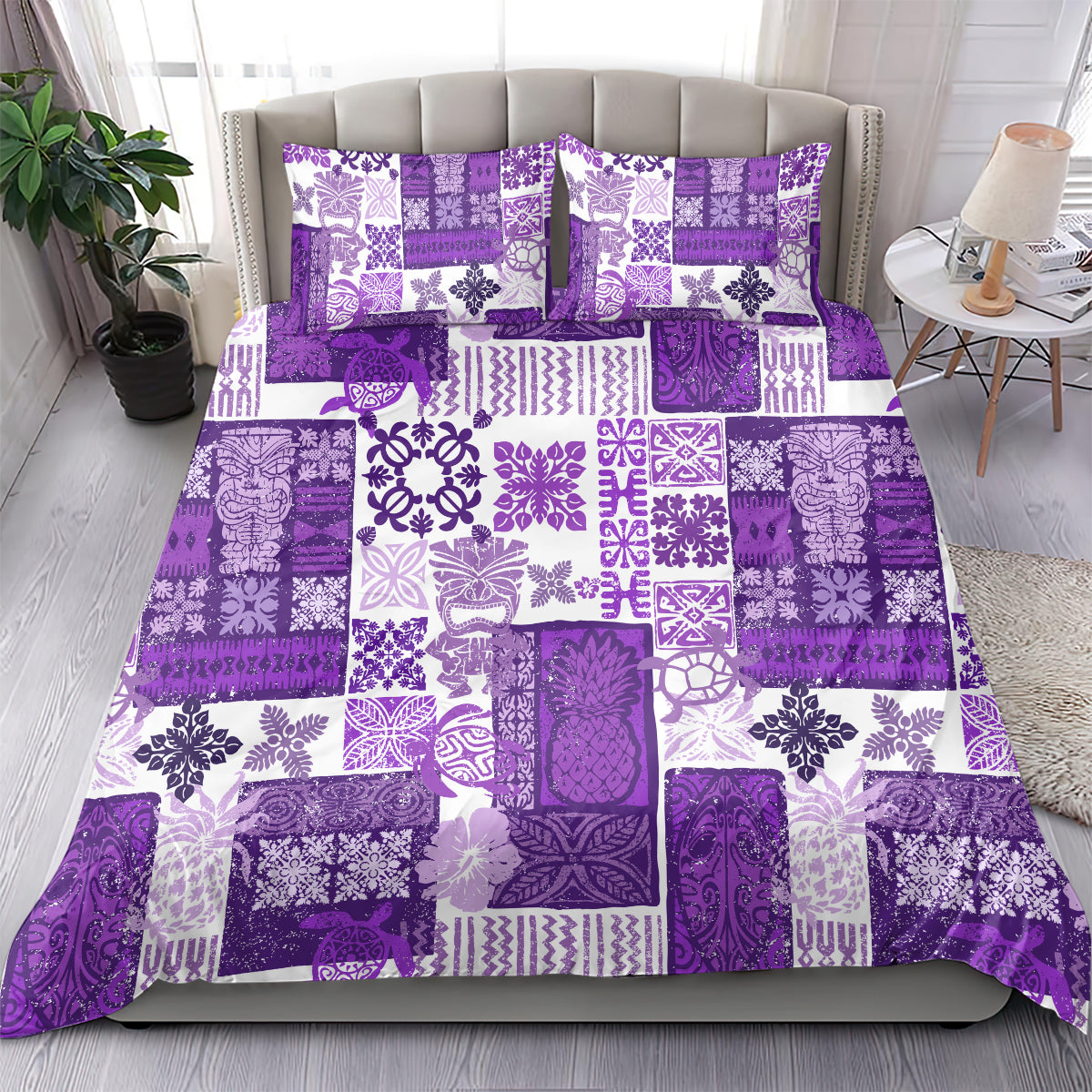 Purple patchwork quilt bedding set with white floral and geometric tile patterns, flat sheet